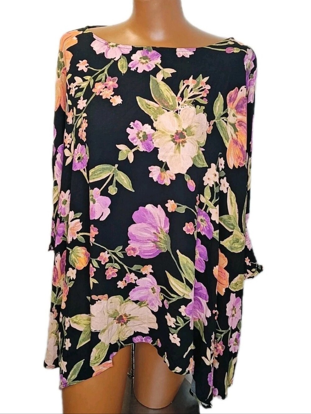 Oddi Wide Neck Dolman Smocked Sleeve Blouse Oversized S/M Black Floral Boho Nwot